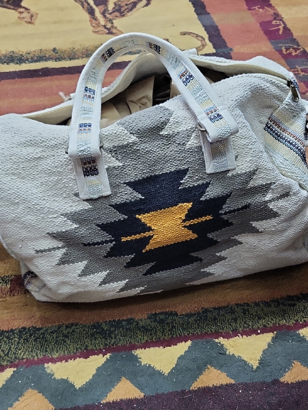 Cream Canvas Weekender Bag with Grey & Mustard Accent